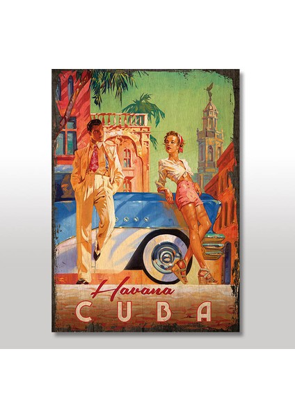 Ahşap Tablo Cuba havana Afiş Şekilli