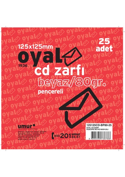 Zarf Cd 12.5X12.5 80Gr Beyaz Pencereli 25 Li