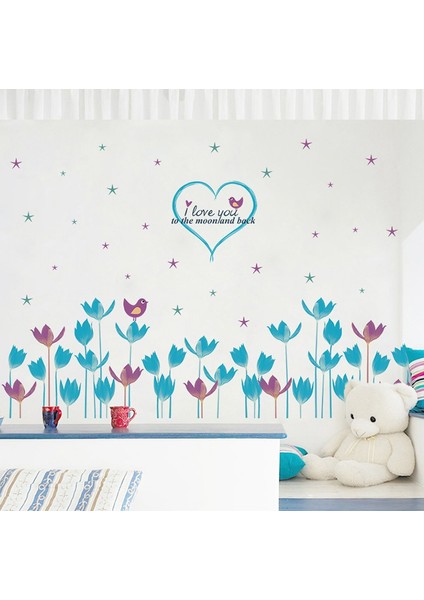 Mavi Mor Laleli Çiçekli PVC Duvar Sticker
