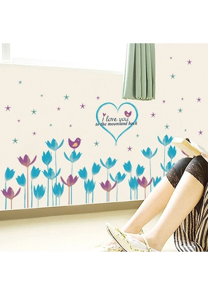 Mavi Mor Laleli Çiçekli PVC Duvar Sticker modelleri