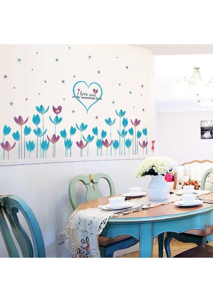 Mavi Mor Laleli Çiçekli PVC Duvar Sticker fırsatları