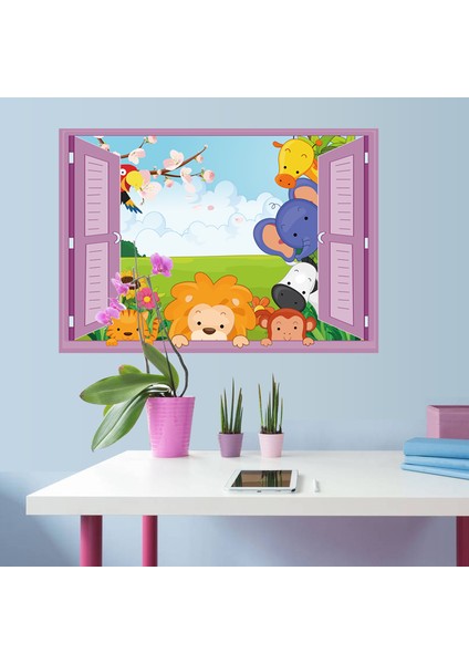 Pencereden Bakan Sevimli Hayvanlar Çocuk ve Bebek Odası PVC Duvar Sticker