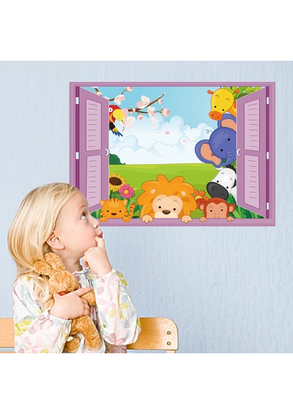 Pencereden Bakan Sevimli Hayvanlar Çocuk ve Bebek Odası PVC Duvar Sticker modelleri