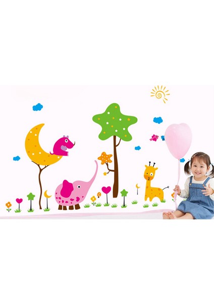 Ağaç Sevimli Hayvanlar Ay Çocuk ve Bebek Odası PVC Duvar Sticker