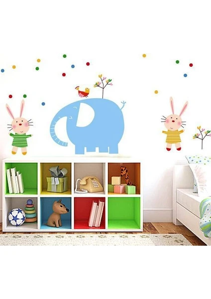 Crystal Kids Mavi Fil ve Tavşanlar Çocuk ve Bebek Odası PVC Duvar Sticker