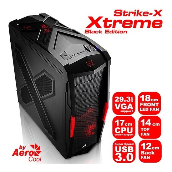 Aerocool Strike-X Xtreme Black Edition 2 x USB 3.0, 3 x Fan, SSD Ready Mid-Tower Siyah Oyuncu Kasası (AE-STR-XT)