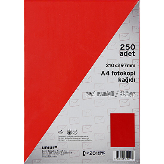 Umur Fotokopi Kağıdı A4 80Gr Renkli Red 250