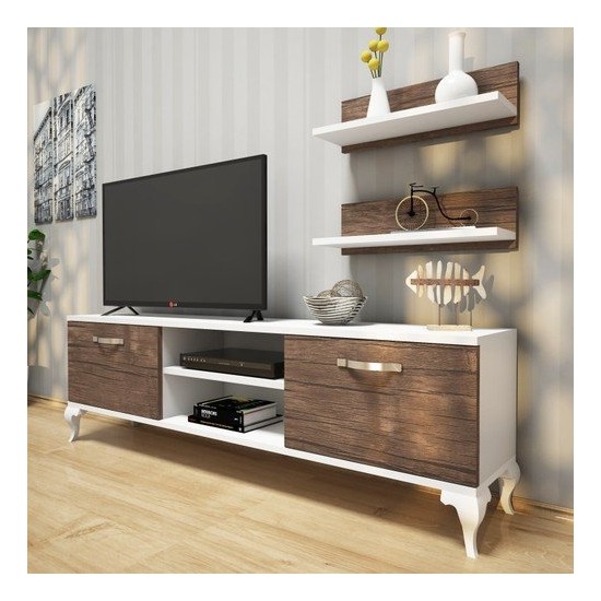 Rani A4 Duvar Raflı Tv Sehpası Kitaplıklı Tv Ünitesi Modern Ayaklı Tasarım 150 cm (Renk: Beyaz - Antik Dark)