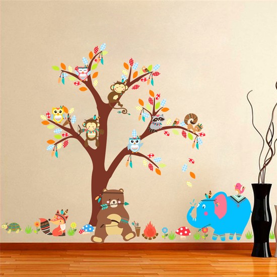 Crystal Kids Ayı Fil ve Ağaçta Hayvanlar Bebek ve Çocuk Odası PVC Duvar Sticker