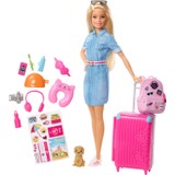 Barbie Seyahatte Bebeği ve Aksesuarları, Köpekçik, Bavul ve 10'dan Fazla Aksesuarlı FWV25