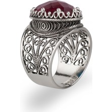 Filigran Silver 925 Ayar Gümüş El Tasarımı Telkari Sanatı Doğal Opak Yakut Taşlı Kadın Yüzük