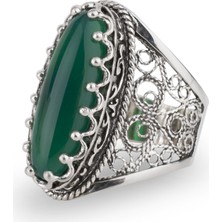 Filigran Silver 925 Ayar El Tasarımı Gümüş Telkari Sanatı Doğal Yeşil Akik Taşlı Kadın Yüzük