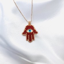 Gökdeniz 925 Kırmızı Örme Fatma Ana Eli Gümüş Kolye