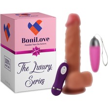 Bonilove The Luxury Series 22 cm Yumuşak 10 Fonksiyonlu Titreşimli Realistik Penis+Mini Vibratör