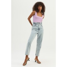 Quzu Beli Lastikli Mom Jean Buz Mavi