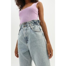 Quzu Beli Lastikli Mom Jean Buz Mavi