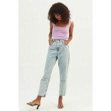 Quzu Beli Lastikli Mom Jean Buz Mavi