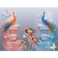 Eko Dekor Inci Çiçek ve Tavus Kuşu 3D Duvar Kağıdı Kanvas Tek Parca