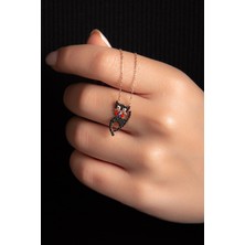 Zarif Silver Siyah Zirkon Taşlı Rose Altın Kaplama Kedili Gümüş Kolye 925 Ayar