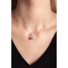 Zarif Silver Beyaz Zirkon Taşlı Rose Altın Kaplama Kedili Kadın Gümüş Kolye 925 Ayar