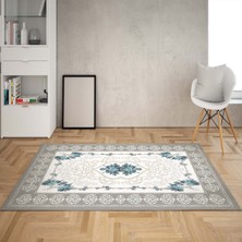 Bona Fortuna Gül Desen Çerçeveli Dijital Baskı Yıkanabilir Kaymaz Taban Vintage Salon Halısı ve Yolluk(Mavi)
