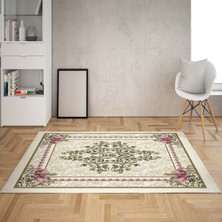 Bona Fortuna Gül Desenli Çerçeveli Dijital Baskı Yıkanabilir Kaymaz Taban Vintage Salon Halısı ve Yolluk