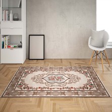 Bona Fortuna Çiçek Desenli Dijital Baskı Yıkanabilir Kaymaz Taban Leke Tutmaz Salon Halısı ve Yolluk (Kahverengi)