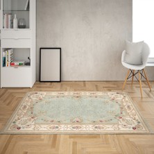 Bona Fortuna Çiçek Desenli Göbekli Dijital Baskı Yıkanabilir Kaymaz Taban Leke Tutmaz Salon Halısı Yolluk(Yeşil)