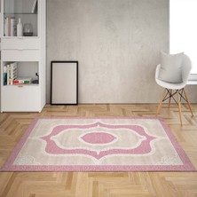 Bona Fortuna Osmanlı Desen Çerçeveli Dijital Baskı Yıkanabilir Kaymaz Taban Klasik Salon Halısı ve Yolluk (Pembe)