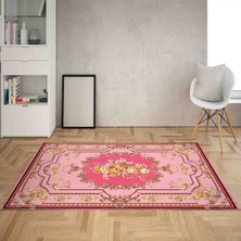 Bona Fortuna Çiçek Desen Çerçeveli Dijital Baskı Yıkanabilir Kaymaz Taban Klasik Salon Halısı ve Yolluk (Fuşya)
