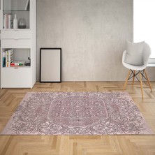 Bona Fortuna Kabartma Desenli Göbekli Dijital Baskı Yıkanabilir Kaymaz Taban Vintage Salon Halısı ve Yolluk Pudra