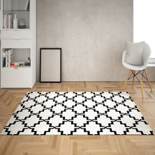 Bona Fortuna Geometrik Siyah Karo Desenli Dijital Baskı Yıkanabilir Kaymaz Taban Modern Salon Halısı