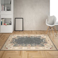 Bona Fortuna Çiçek Desenli Göbekli Dijital Baskı Yıkanabilir Kaymaz Taban Leke Tutmaz Salon Halısı Yolluk(Gri)