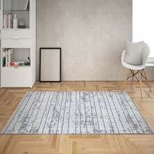 Bona Fortuna Geometrik Çizgi Desenli Dijital Baskı Yıkanabilir Kaymaz Taban Etnik Kilim Desen Salon Halı (Mavi)