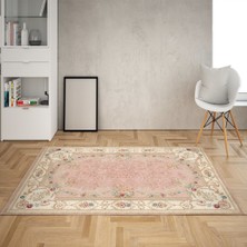 Bona Fortuna Çiçek Desenli Göbekli Dijital Baskı Yıkanabilir Kaymaz Taban Leke Tutmaz Salon Halısı Yolluk(Pembe)