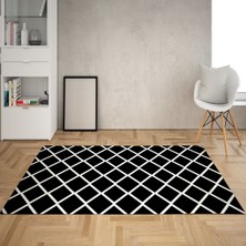 Bona Fortuna Geometrik Karo Desenli Dijital Baskı Yıkanabilir Kaymaz Taban Modern Salon Halısı (Siyah)