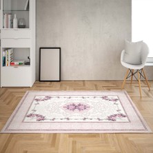 Bona Fortuna Gül Desen Çerçeveli Dijital Baskı Yıkanabilir Kaymaz Taban Vintage Salon Halısı ve Yolluk(Pembe)