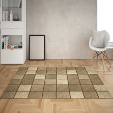 Bona Fortuna Kare Blok Desenli Dijital Baskı Yıkanabilir Kaymaz Taban Modern Salon Halı ve Yolluk (Kahve)