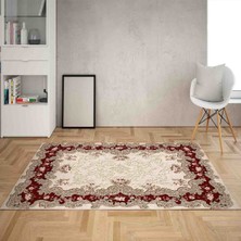 Bona Fortuna Osmanlı Desen Çerçeveli Dijital Baskı Yıkanabilir Kaymaz Taban Klasik Salon Halısı ve Yolluk (Bordo)