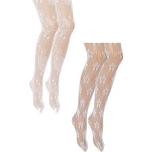 Unlimited Legwear 2li Çiçek Desenli Beyaz Dantel File Çocuk Külotlu Çorap 1-4 Yaş
