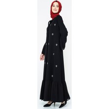 Beyza Düğmeli Taşlı Siyah Ferace 3007