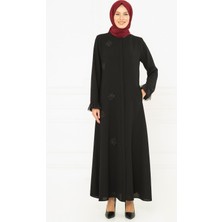 Beyza Tül Detaylı Taş Işlemeli Siyah Ferace 3195