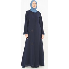 Beyza Tül Detaylı Taş Işlemeli Lacivert Ferace 3195