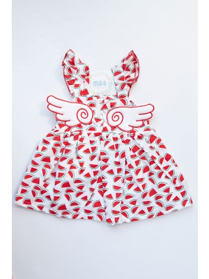Karpuz Baskılı Kırmızı Beyaz Fırfırlı Yazlık Kız Bebek Kloş Elbise