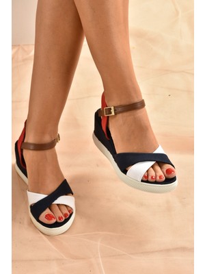 Fox Shoes Lacivert/beyaz/kırmızı Keten Kadın Dolgu Topuklu Ayakkabı K674305005