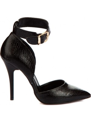 Fox Shoes Siyah Yılan Baskı Kadın Topuklu Ayakkabı K654073307
