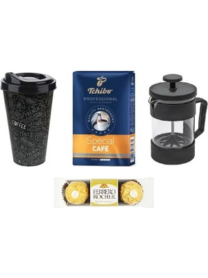 Special 250 gr & Siyah French Press & Kapaklı Plastik Bardak & Ferrero Rocher Çikolata Hediye Seti