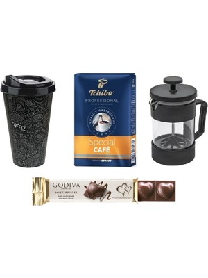 Special 250 gr & Siyah French Press & Kapaklı Plastik Bardak & Godıva Çikolata Hediye Seti