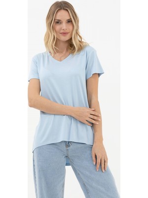 Sementa V Yaka Arkası Uzun Dökümlü Tshirt - Mavi