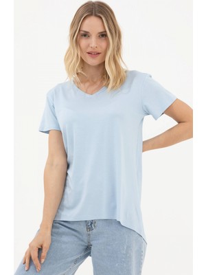 Sementa V Yaka Arkası Uzun Dökümlü Tshirt - Mavi